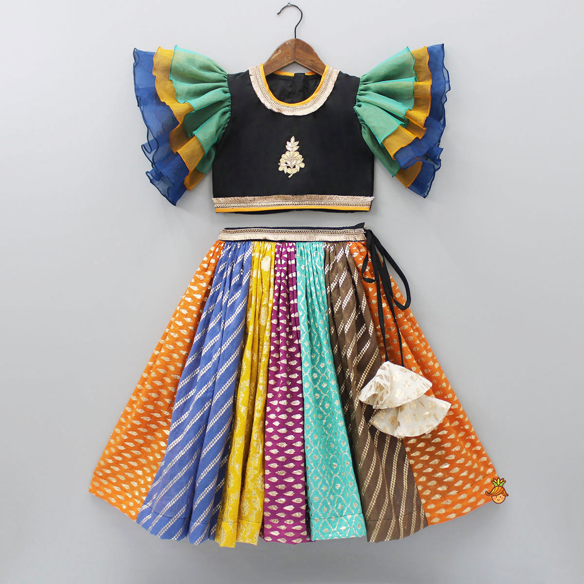 Pre Order: Black Top With Frilly Sleeves And Multicolored Lehenga