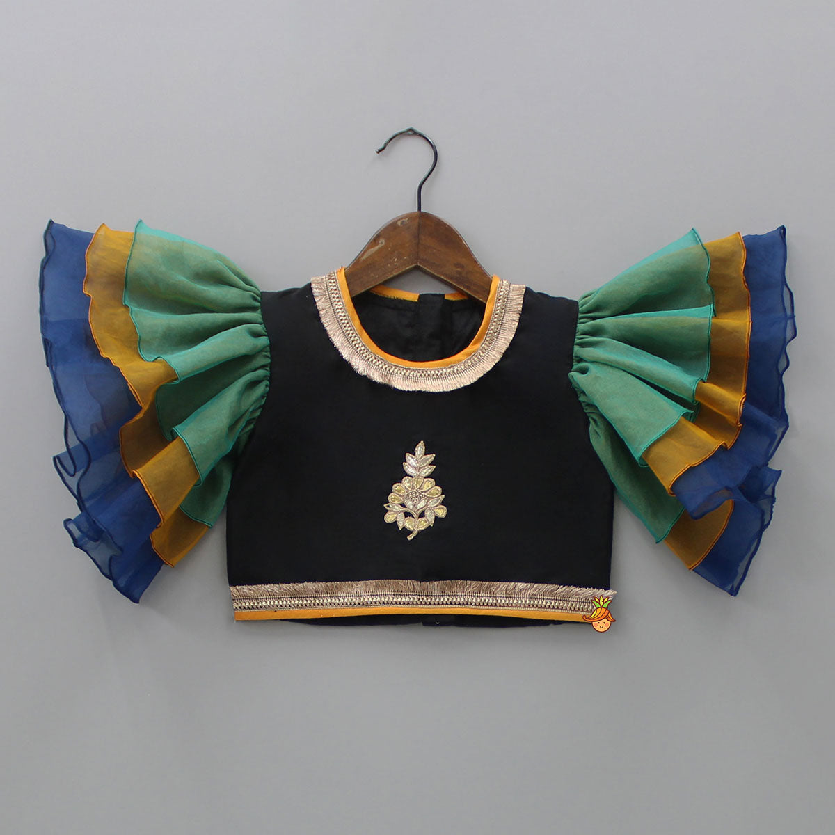 Pre Order: Black Top With Frilly Sleeves And Multicolored Lehenga