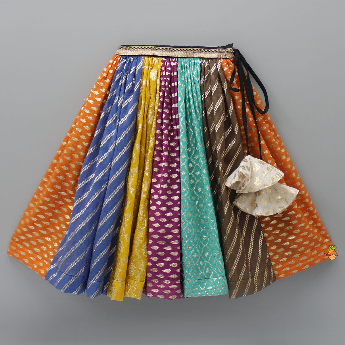 Pre Order: Black Top With Frilly Sleeves And Multicolored Lehenga