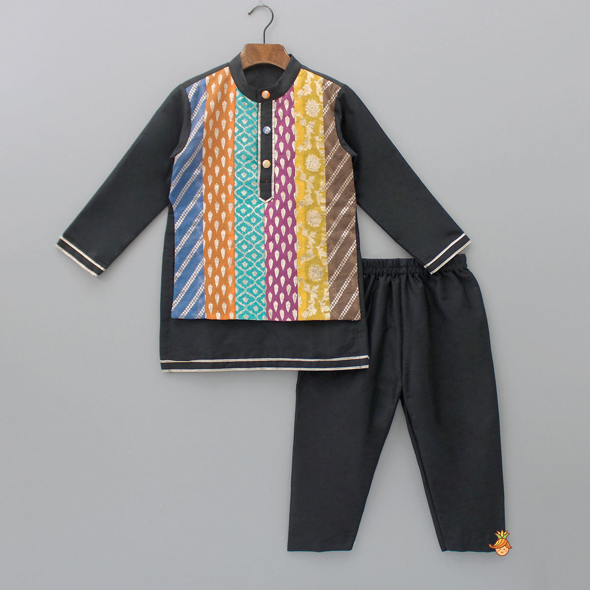 Pre Order: Black Kurta With Multicolour Attached Flap And Pyjama