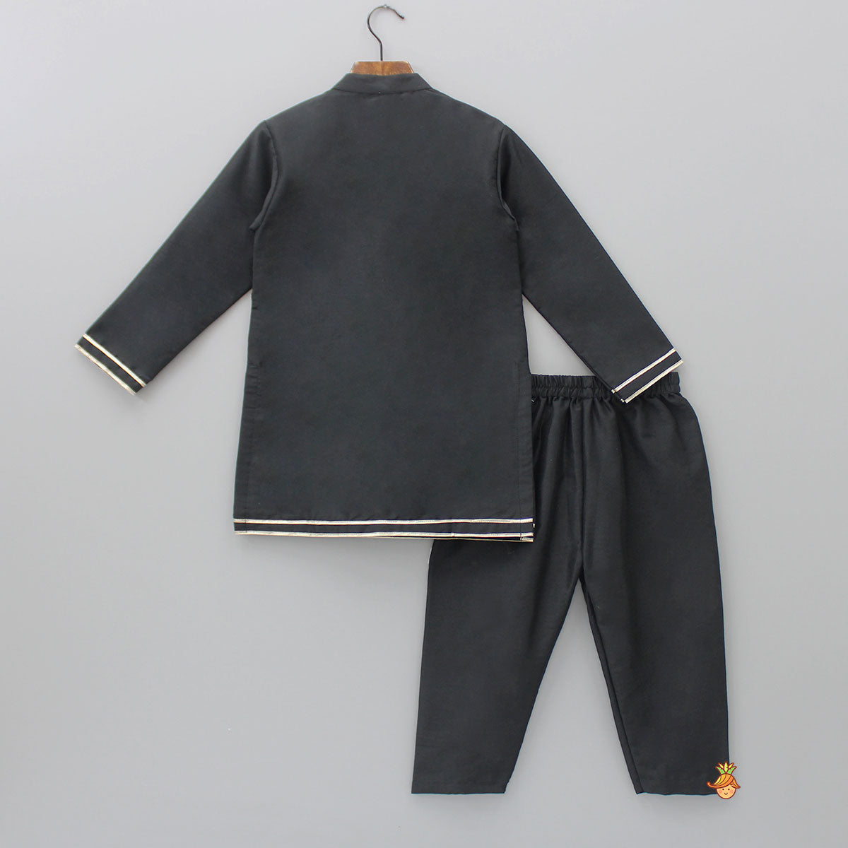 Pre Order: Black Kurta With Multicolour Attached Flap And Pyjama