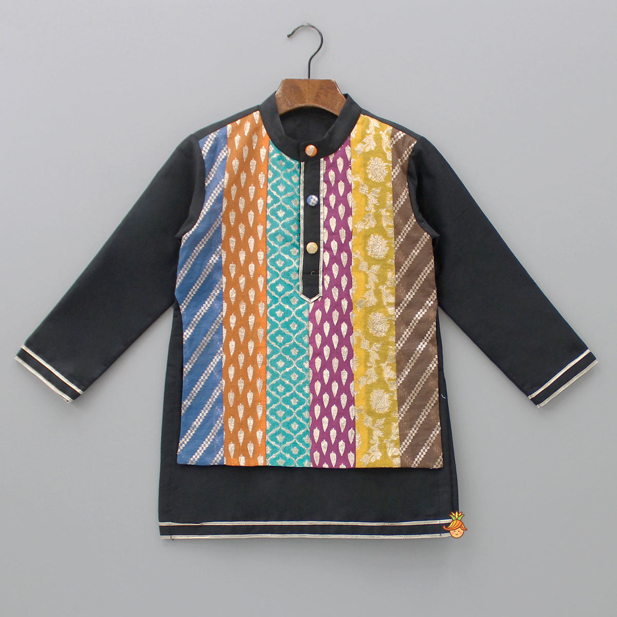 Pre Order: Black Kurta With Multicolour Attached Flap And Pyjama