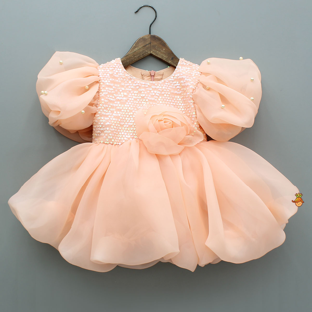 Pre Order: Flower Adorned Organza Peach Dress