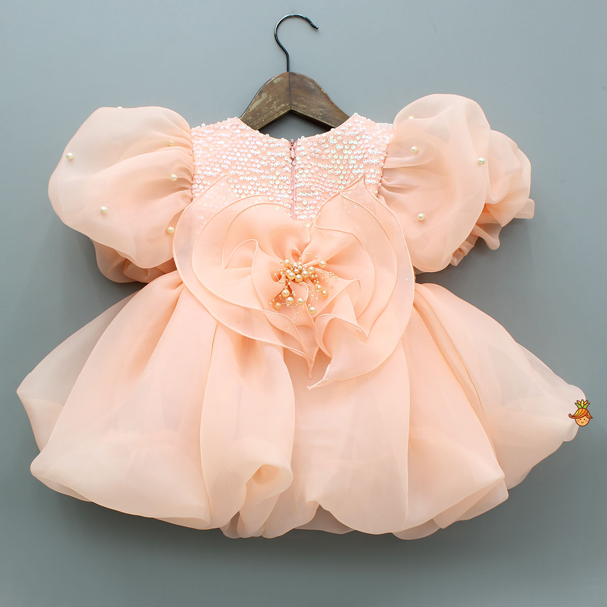 Pre Order: Flower Adorned Organza Peach Dress