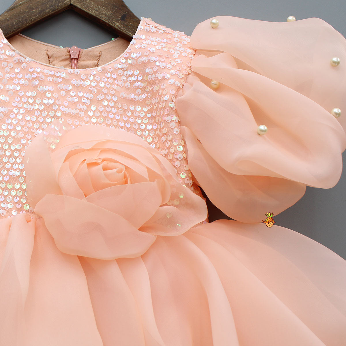 Pre Order: Flower Adorned Organza Peach Dress