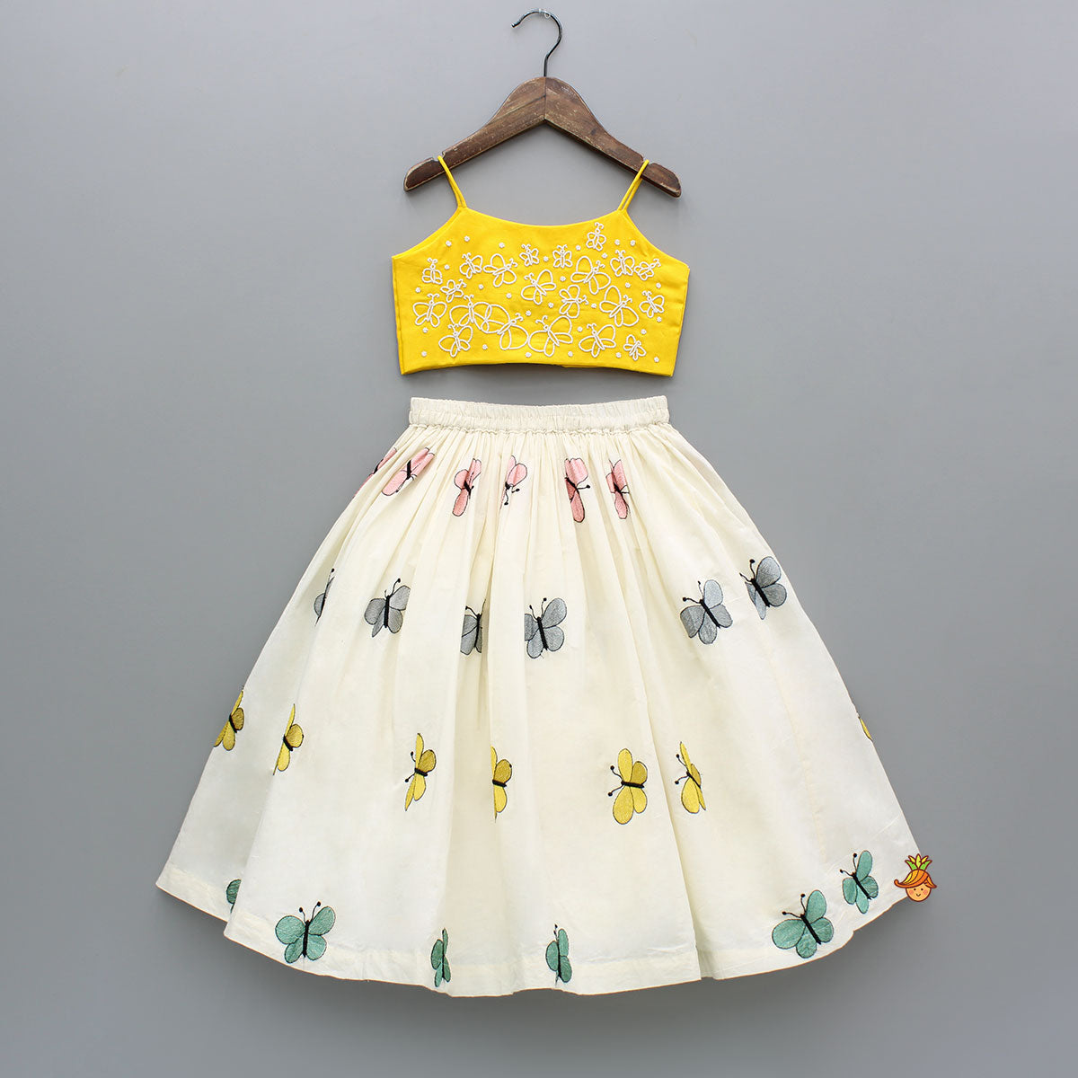 Pre Order: Butterfly Embroidered Strappy Yellow Top And Flared Lehenga