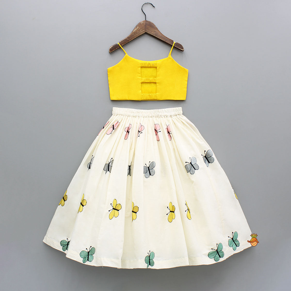 Pre Order: Butterfly Embroidered Strappy Yellow Top And Flared Lehenga