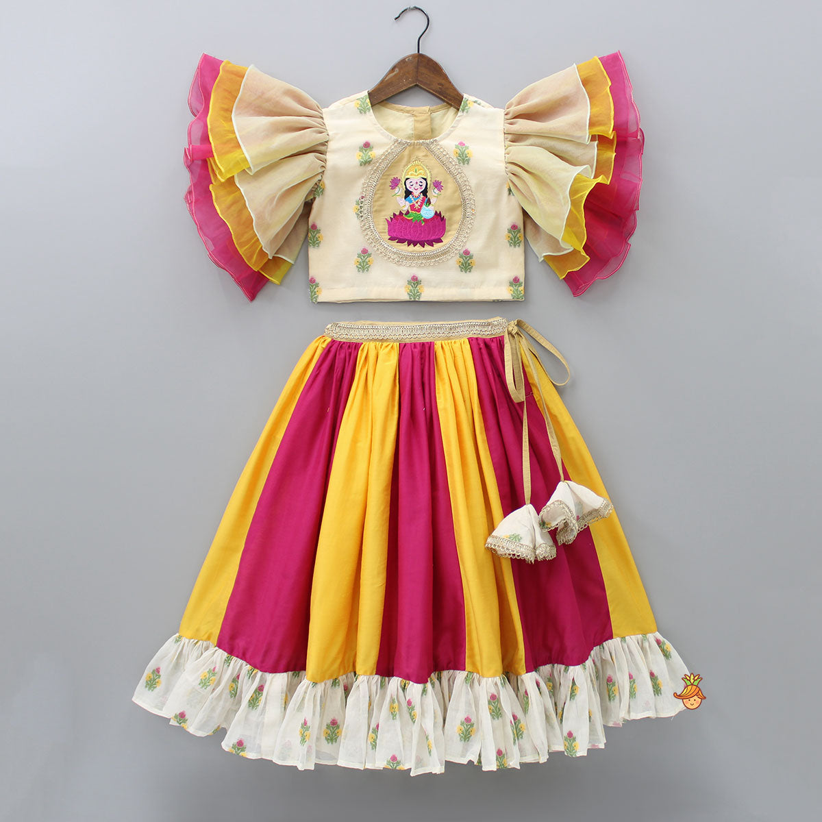 Pre Order: Goddess Embroidered Beige Top And Colour Blocked Lehenga