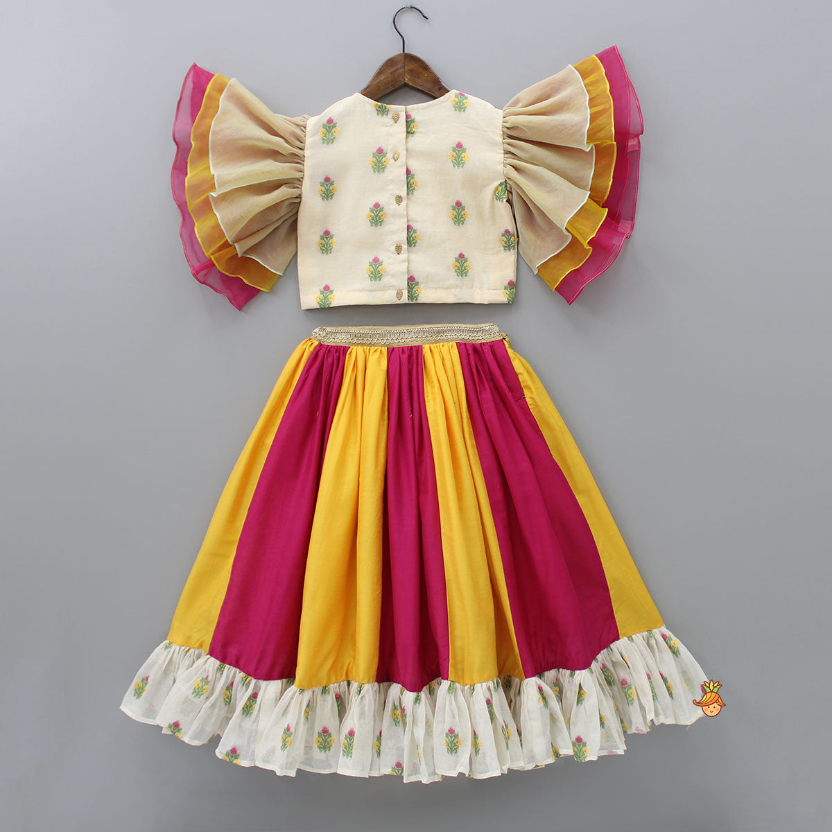 Pre Order: Goddess Embroidered Beige Top And Colour Blocked Lehenga