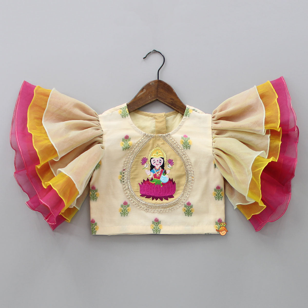 Pre Order: Goddess Embroidered Beige Top And Colour Blocked Lehenga