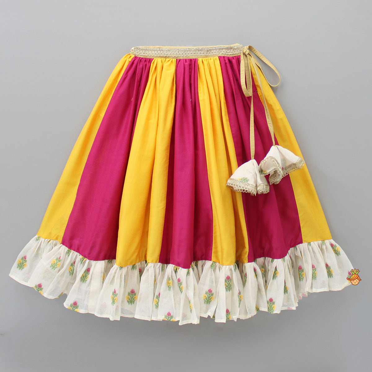 Pre Order: Goddess Embroidered Beige Top And Colour Blocked Lehenga