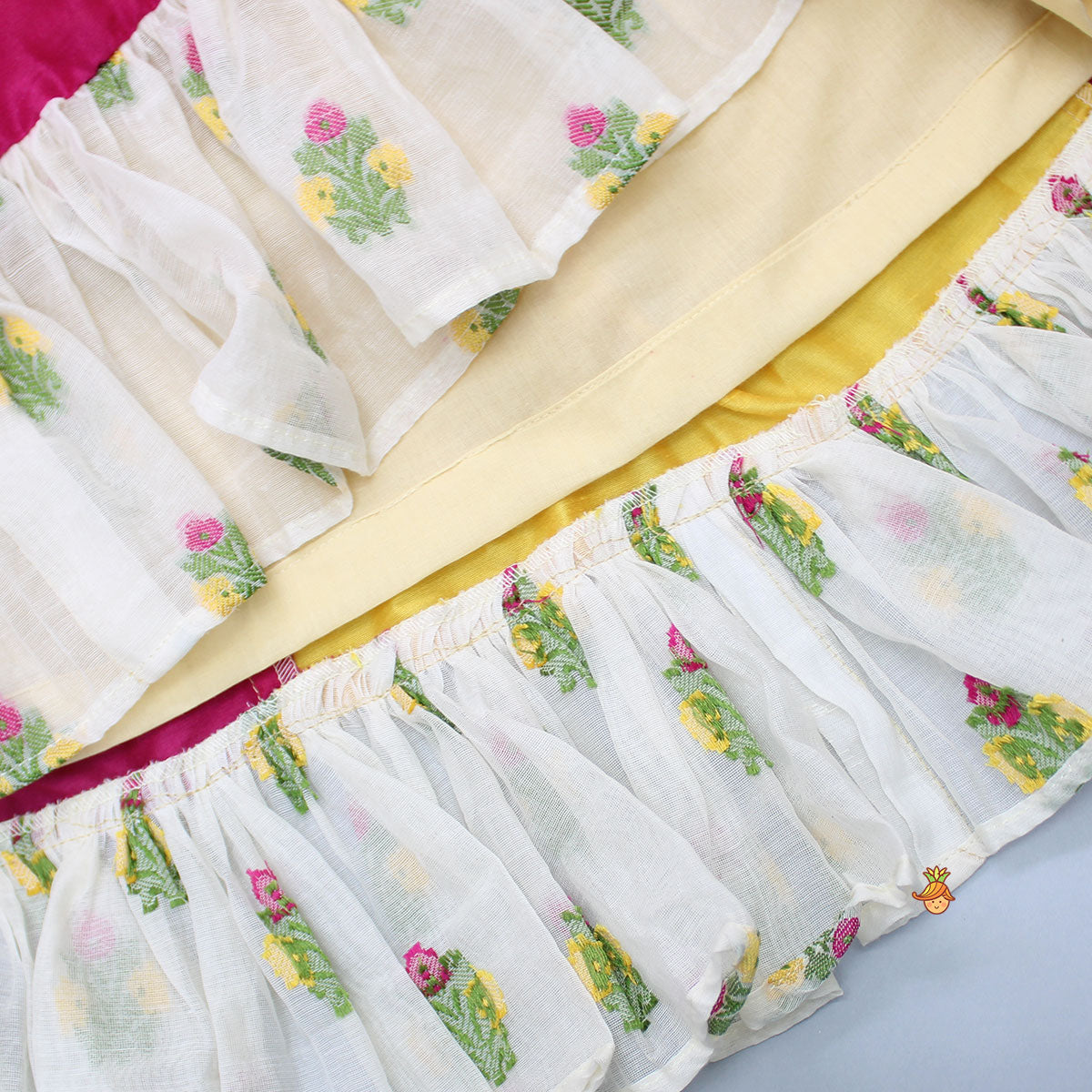 Pre Order: Goddess Embroidered Beige Top And Colour Blocked Lehenga