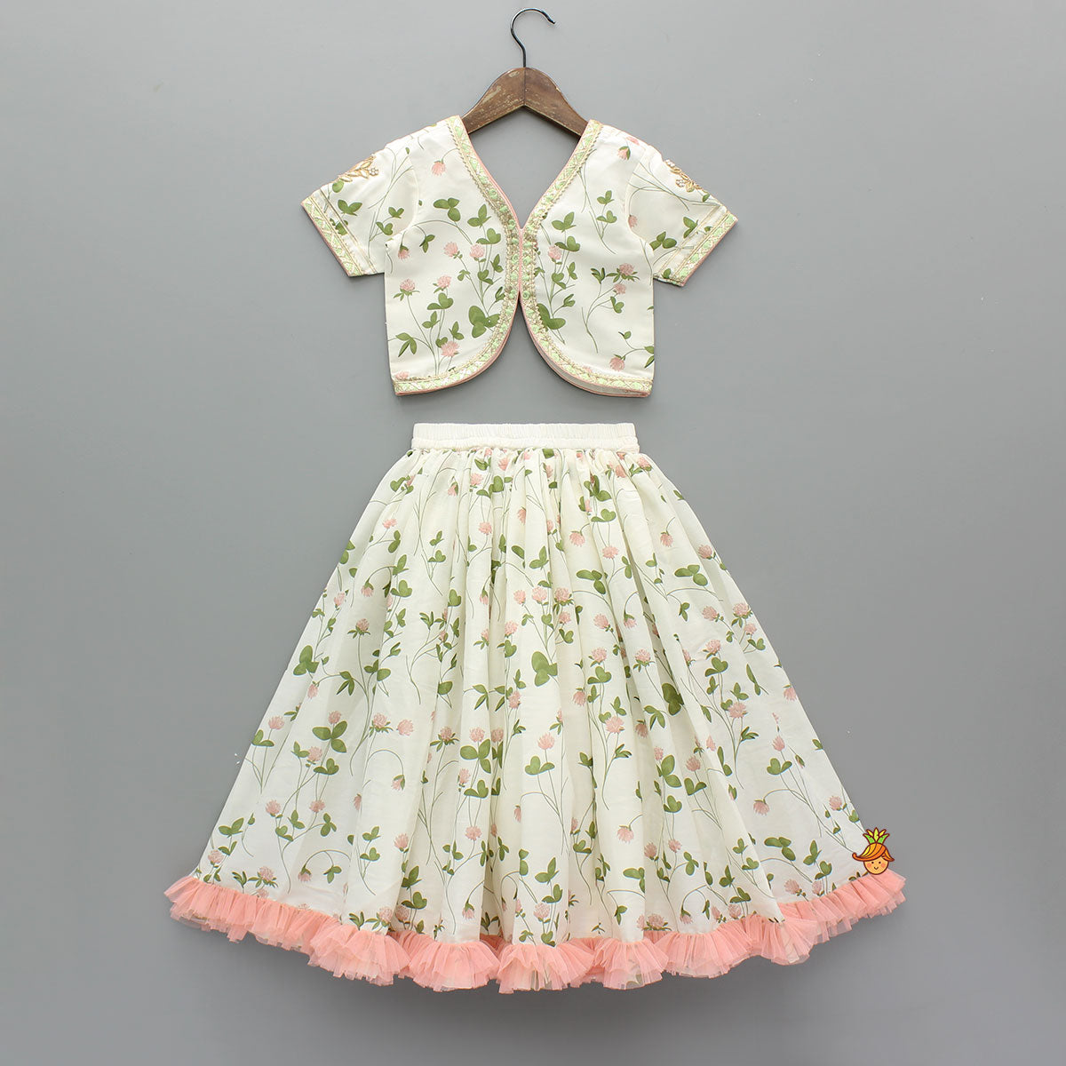 Pre Order: Floral Printed Crop Top With Lehenga And Net Dupatta