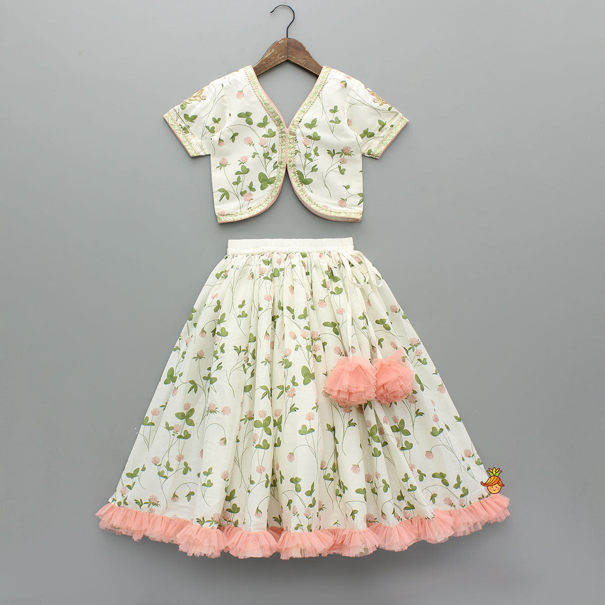 Pre Order: Floral Printed Crop Top With Lehenga And Net Dupatta