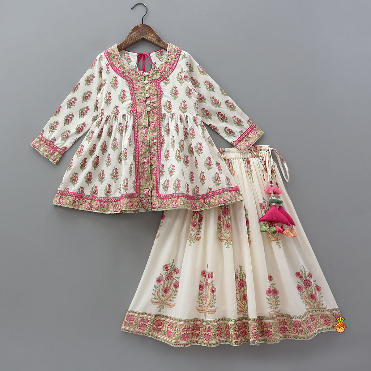 Pre Order: Floral Printed Stylish Front Cut Kurti And Lehenga