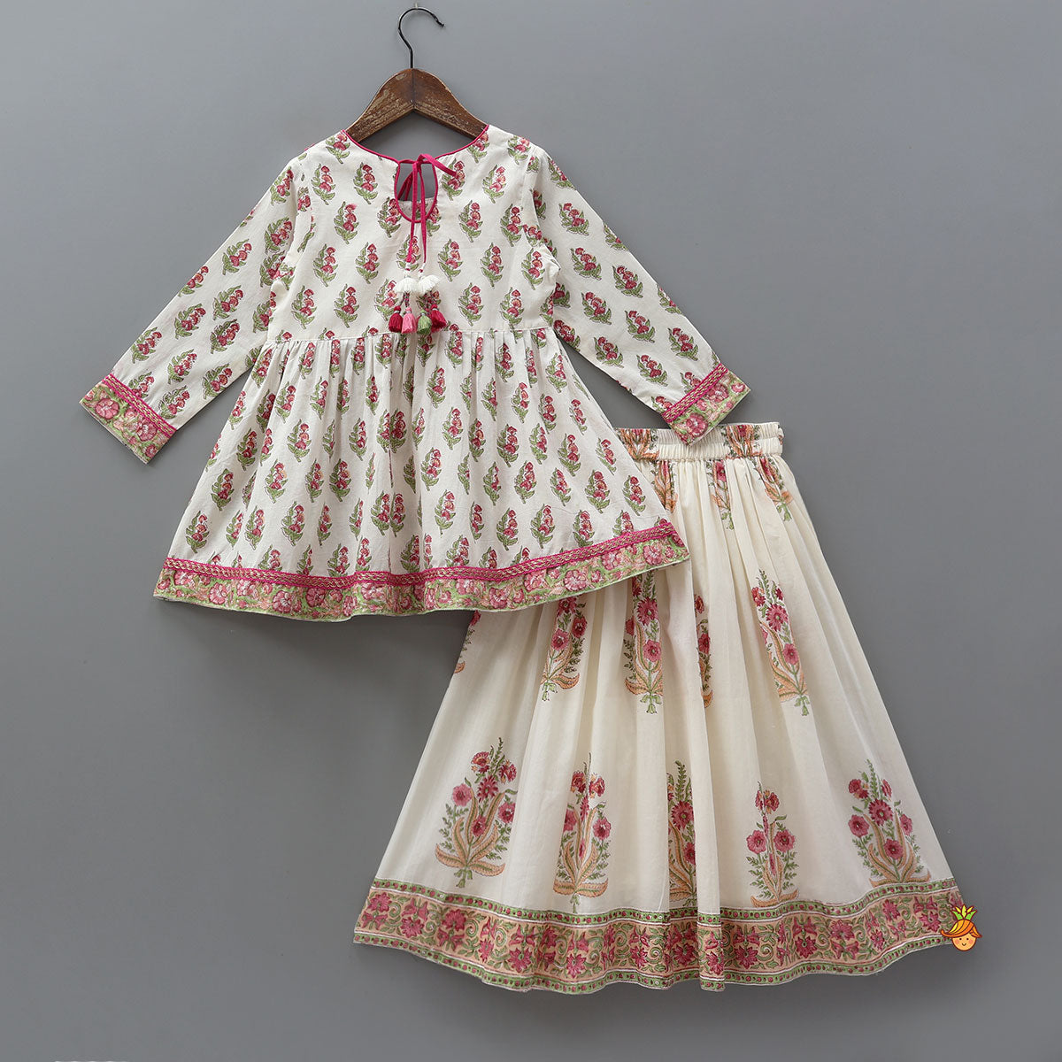 Pre Order: Floral Printed Stylish Front Cut Kurti And Lehenga