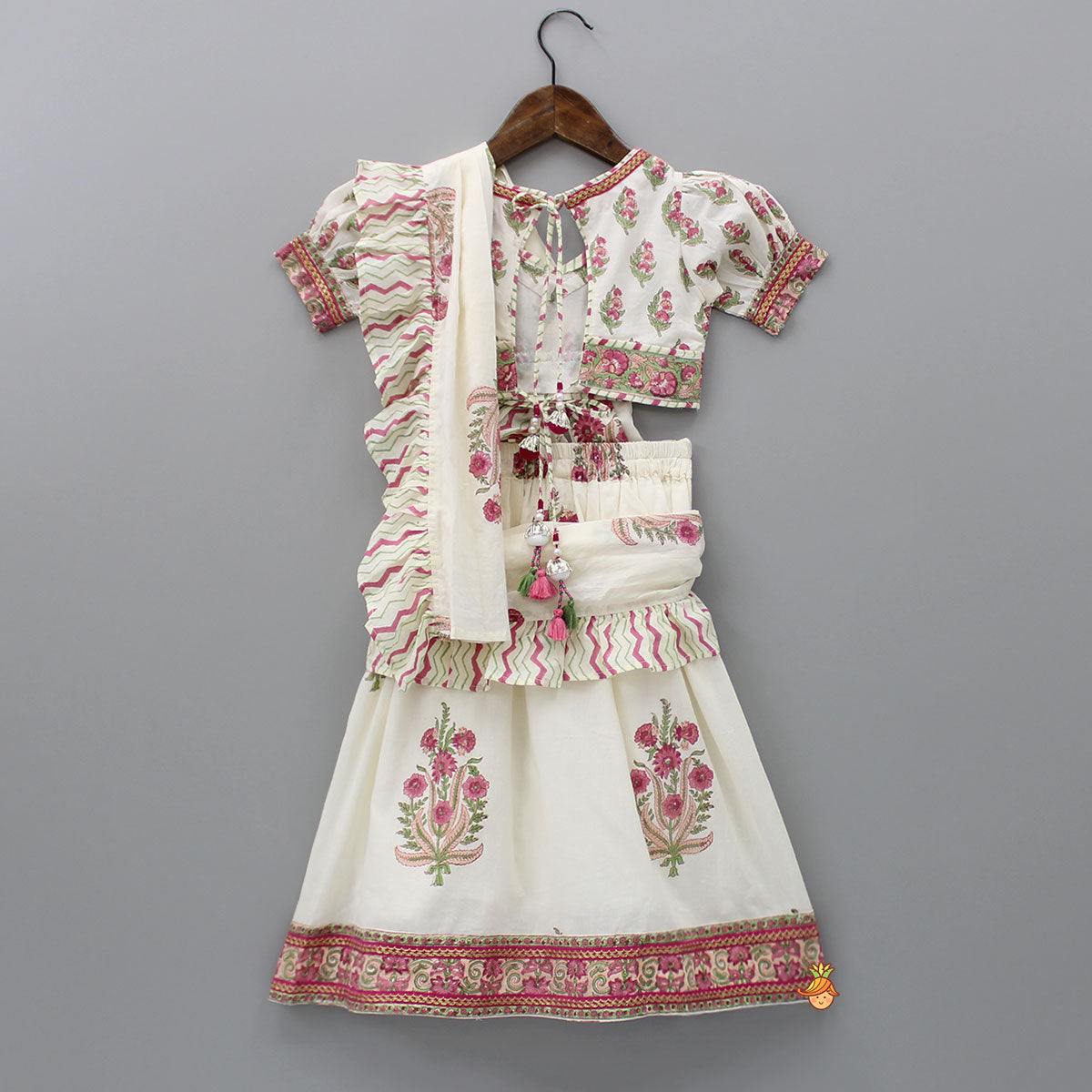 Pre Order: Floral Printed Crop Top and Saree Styled Lehenga With Attached Dupatta