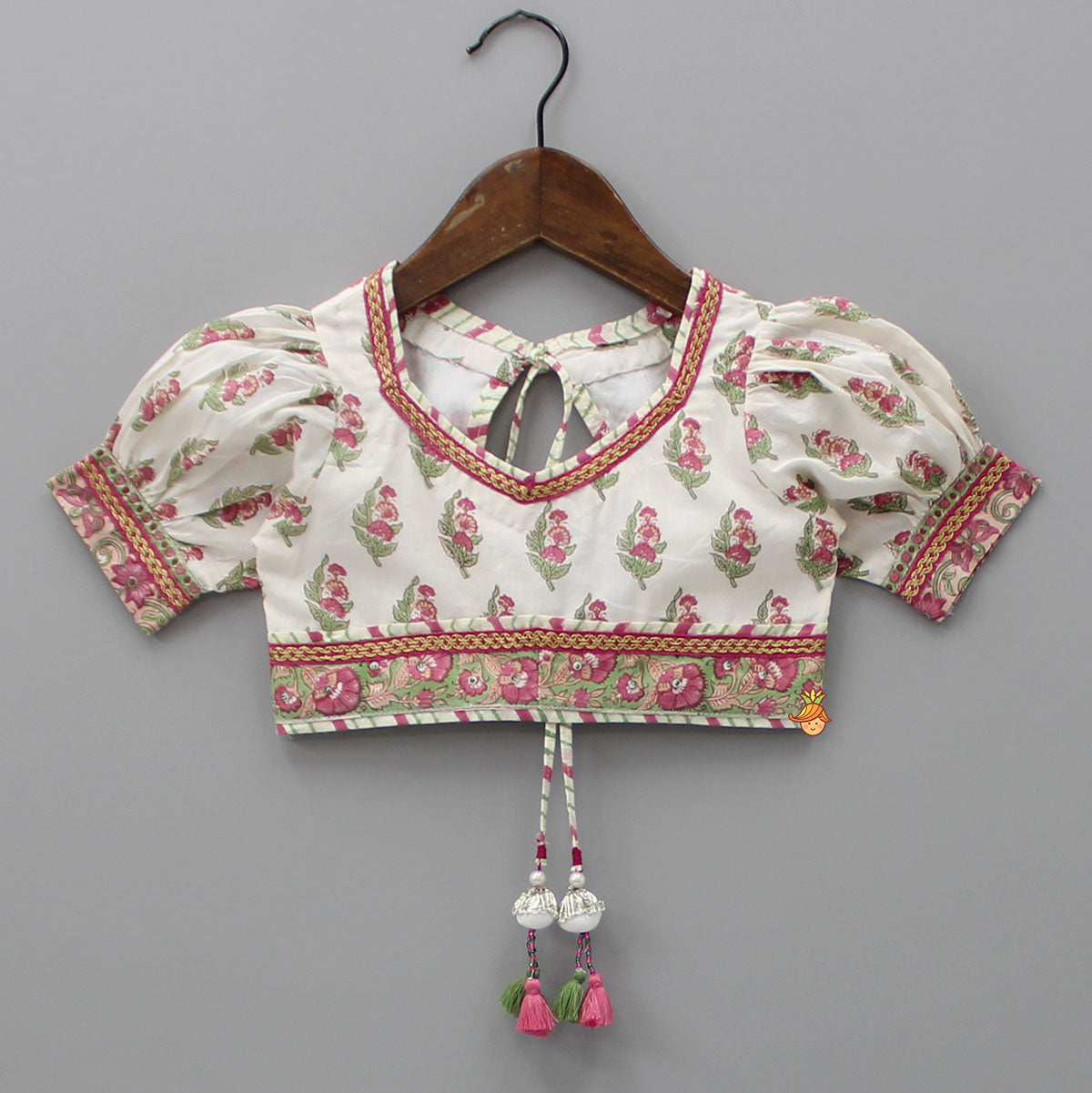 Pre Order: Floral Printed Crop Top and Saree Styled Lehenga With Attached Dupatta