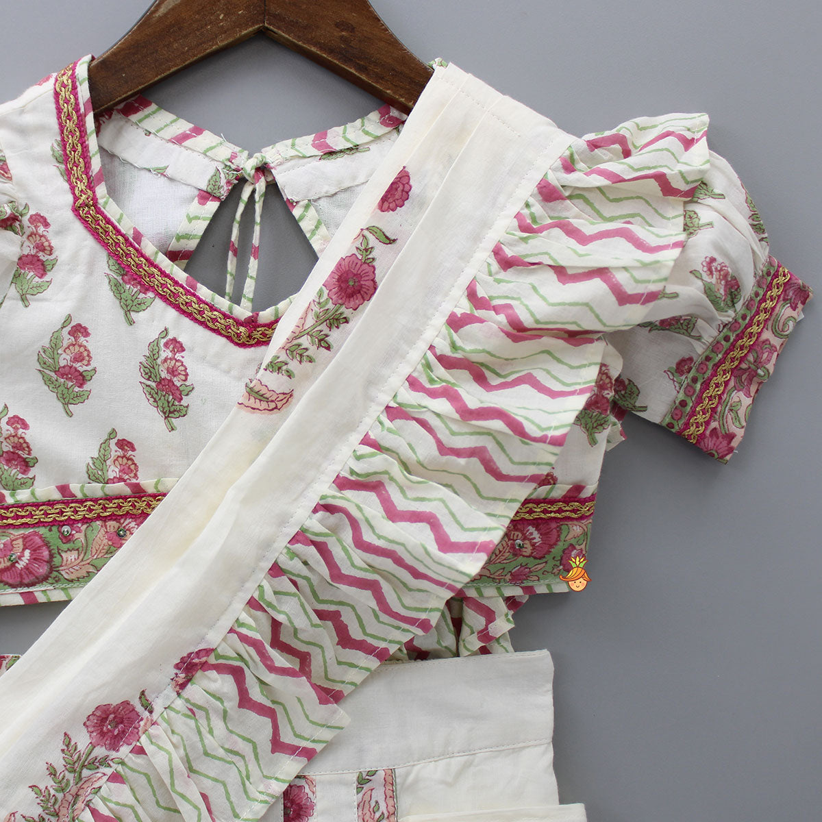 Pre Order: Floral Printed Crop Top and Saree Styled Lehenga With Attached Dupatta