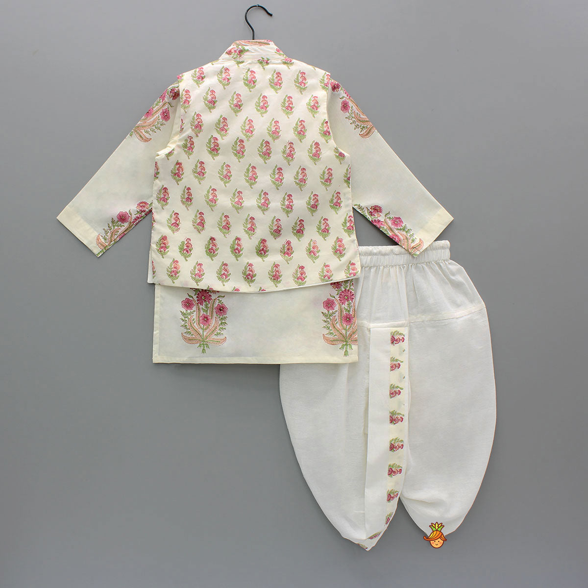 Pre Order: Floral Printed Kurta With Handworked Jacket And Dhoti.