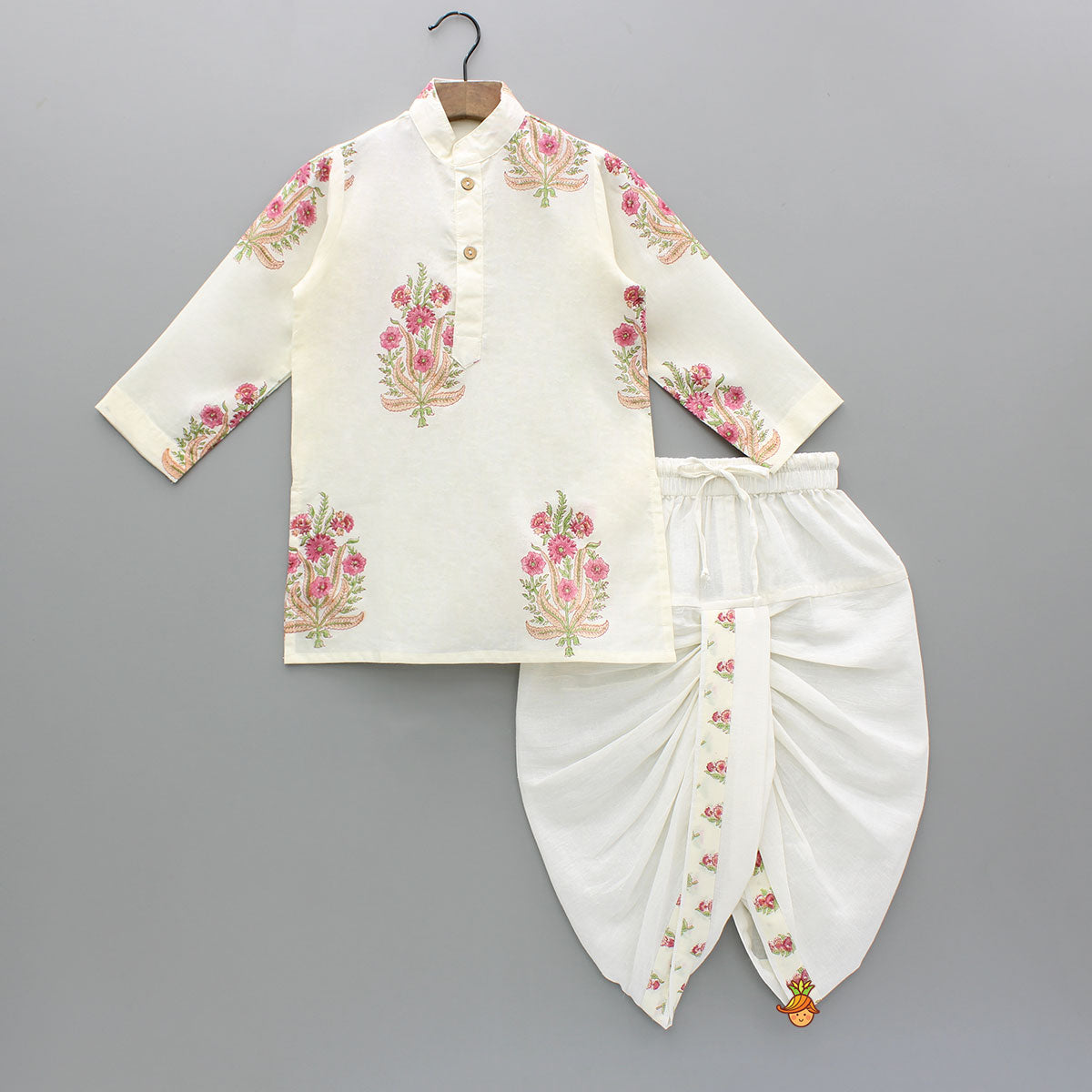 Pre Order: Floral Printed Kurta With Handworked Jacket And Dhoti.