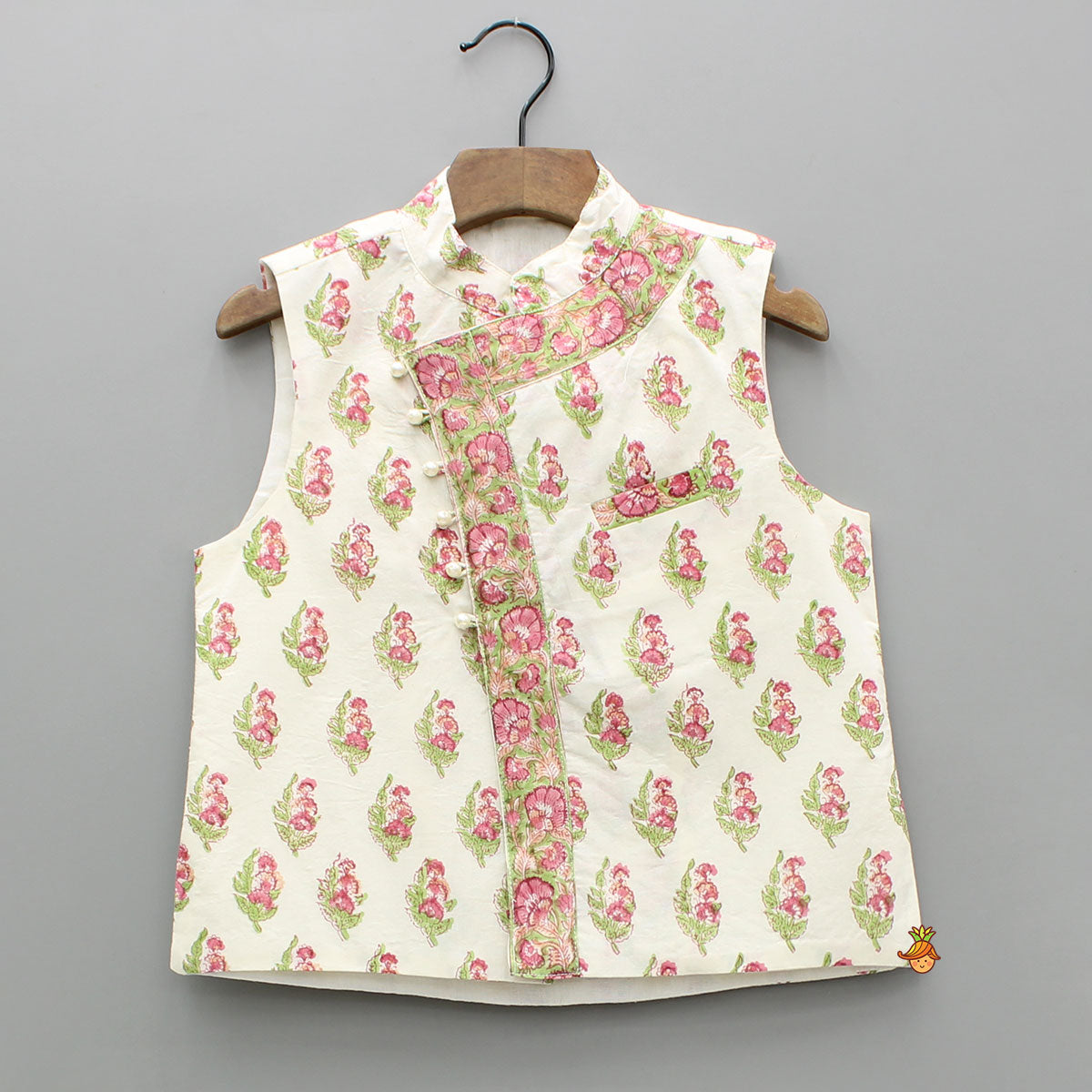 Pre Order: Floral Printed Kurta With Handworked Jacket And Dhoti.