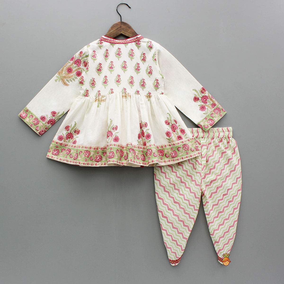 Pre Order: Floral Angarkha Kurti And Chevron Printed Tulip Pants