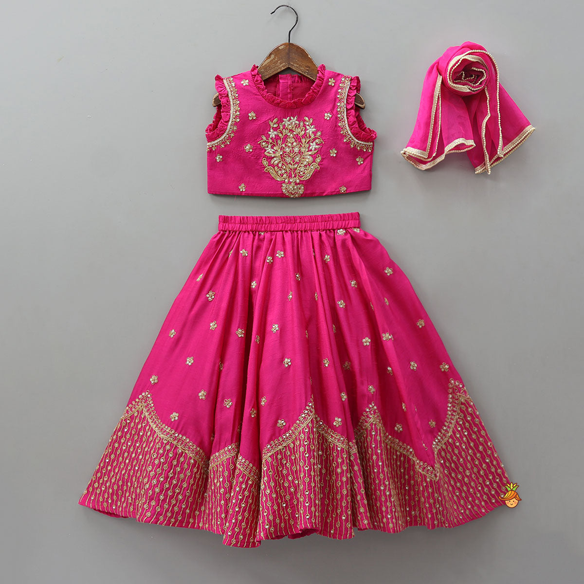 Pre Order: Sequin Embroidered Pink Top And Lehenga With Matching Net Dupatta