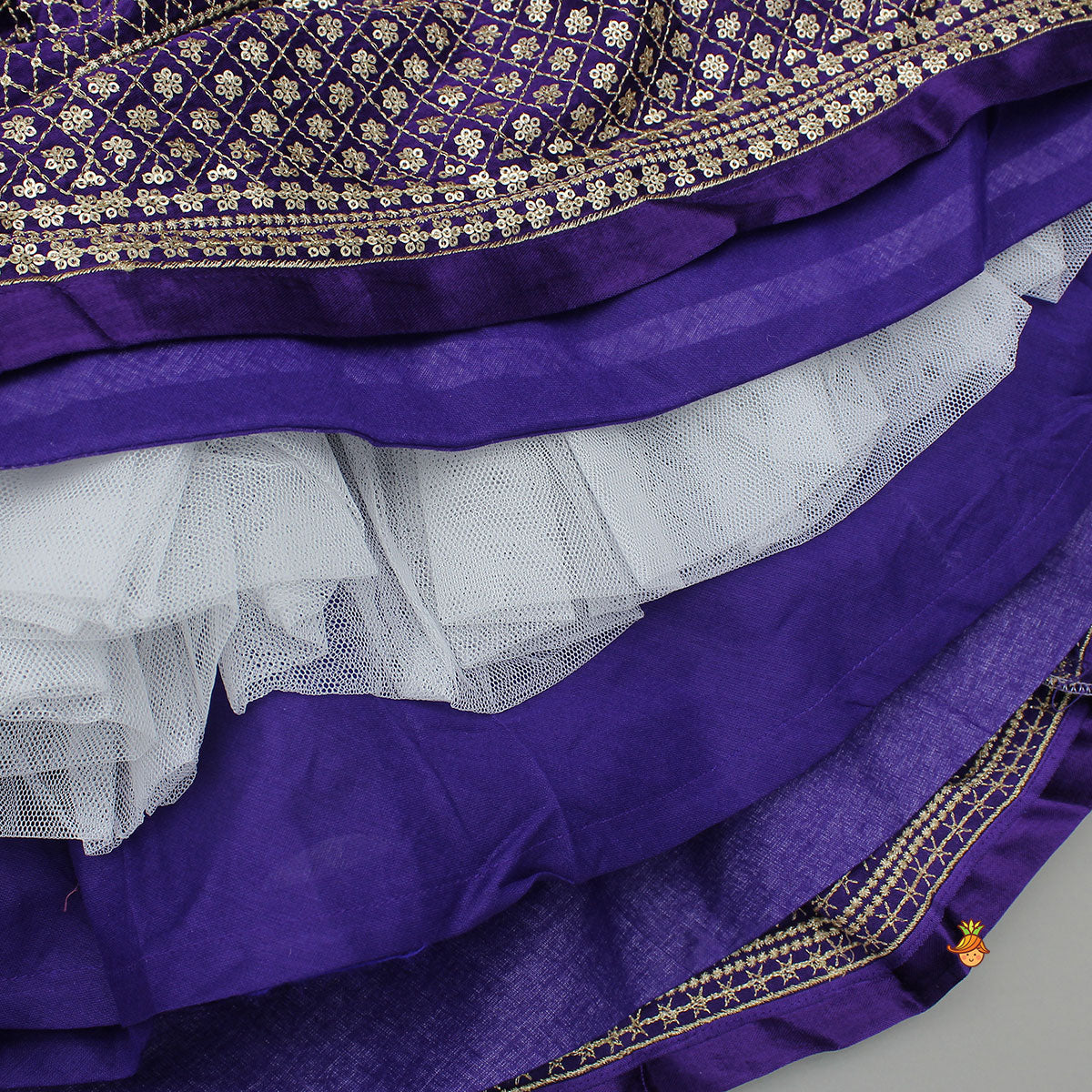 Pre Order: Sequin Embroidered Purple Top And Lehenga With Matching Net Dupatta