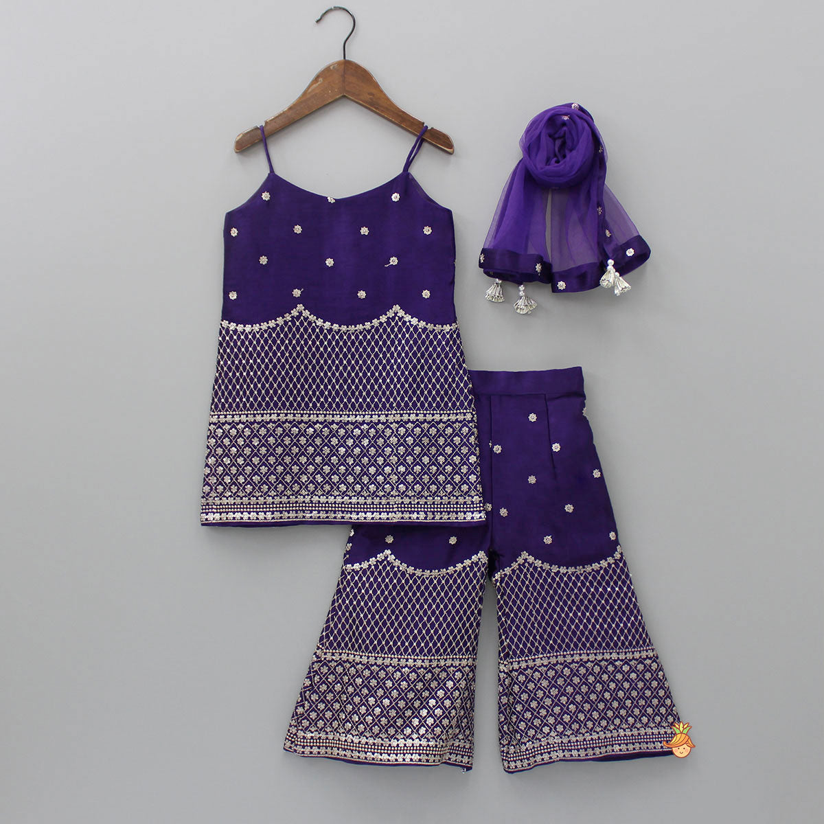 Pre Order: Sequins And Thread Embroidered Purple Strappy Kurti With Palazzo And Net Dupatta