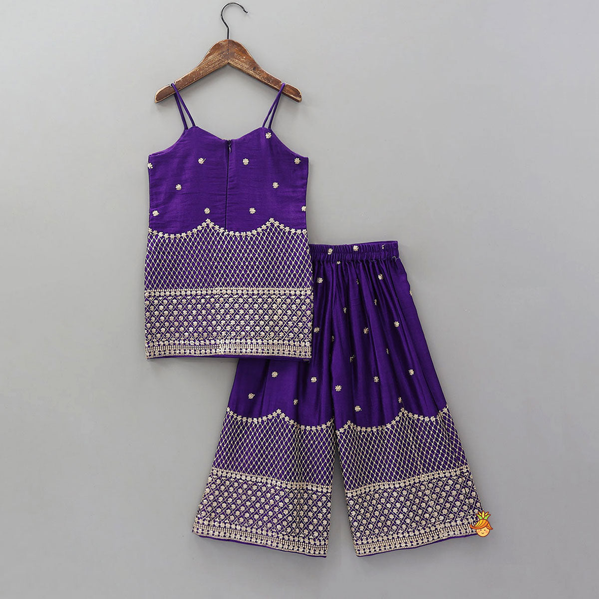 Pre Order: Sequins And Thread Embroidered Purple Strappy Kurti With Palazzo And Net Dupatta