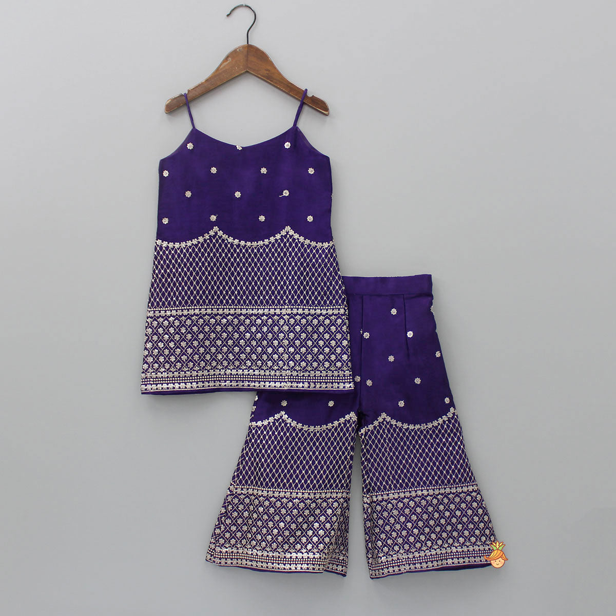 Pre Order: Sequins And Thread Embroidered Purple Strappy Kurti With Palazzo And Net Dupatta