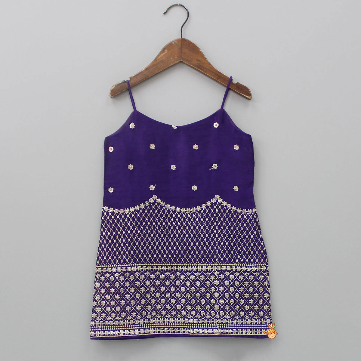 Pre Order: Sequins And Thread Embroidered Purple Strappy Kurti With Palazzo And Net Dupatta