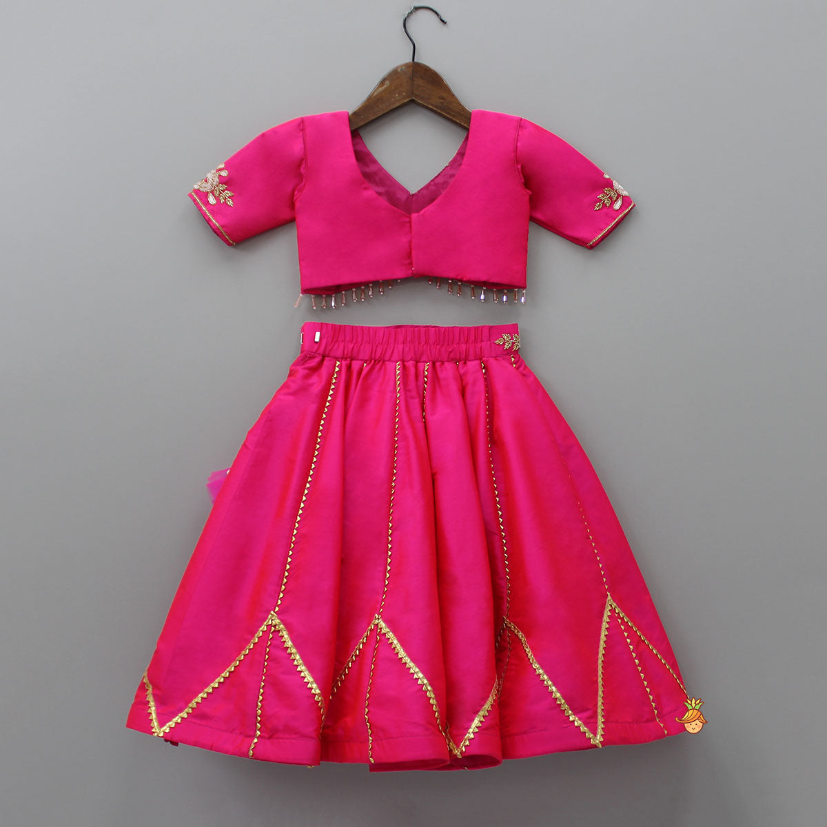 Pre Order: Floral Embroidered Pink Top And Lehenga With Matching Net Dupatta