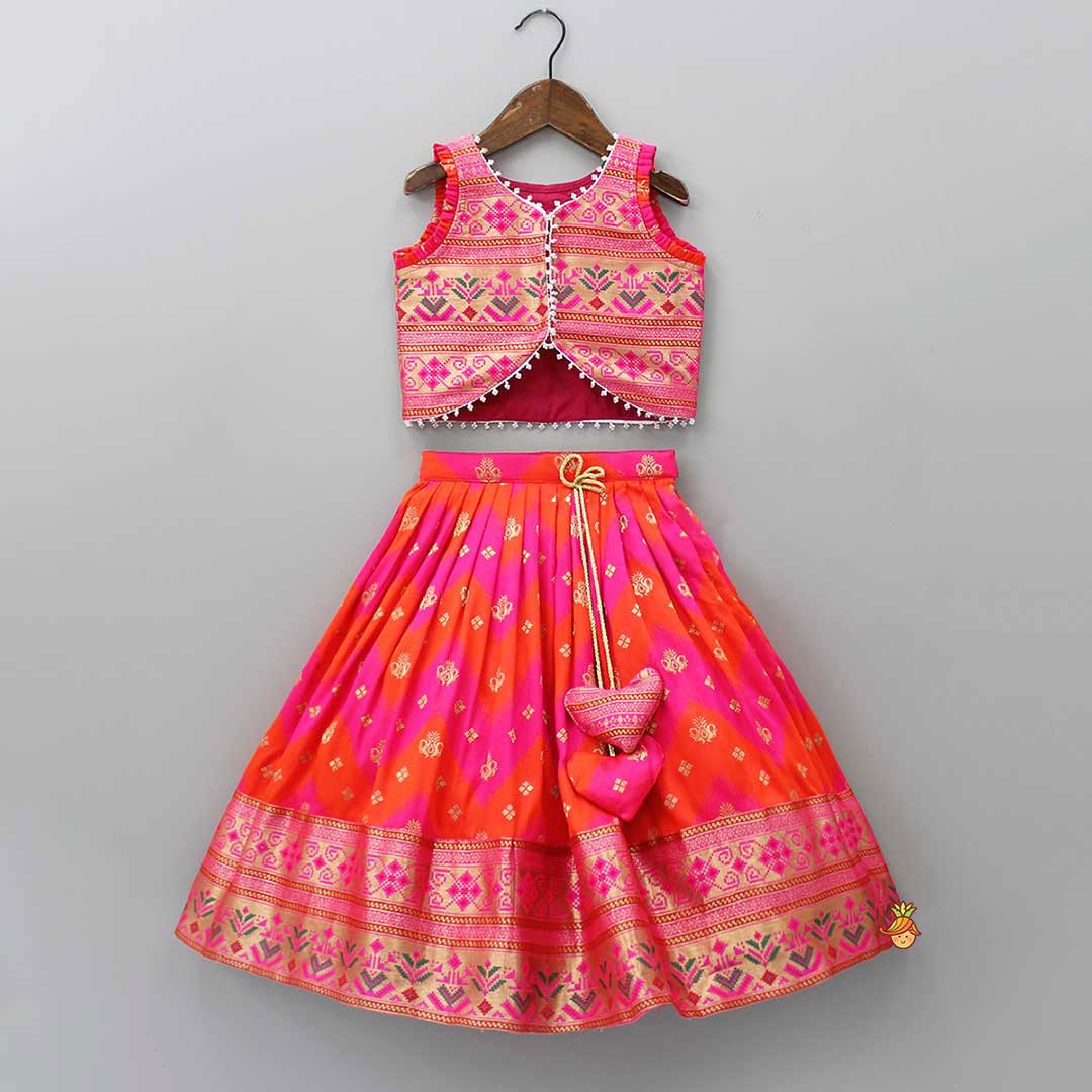 Dual Tone Brocade Embroidered Top And Lehenga