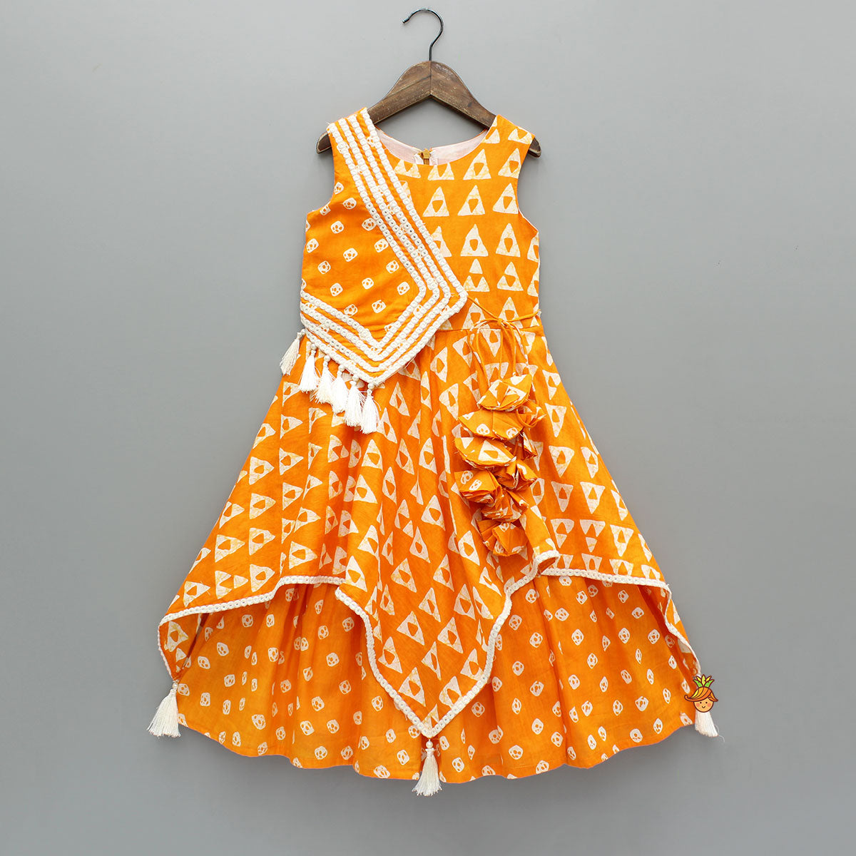 Pre Order: Orange Printed Kurti With Faux Mirror Work Flap