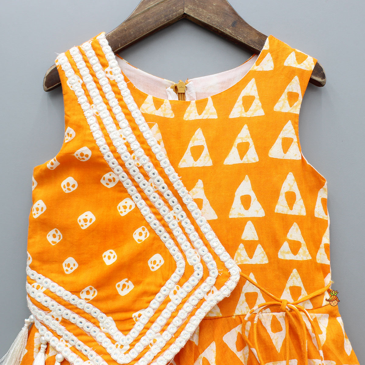 Pre Order: Orange Printed Kurti With Faux Mirror Work Flap