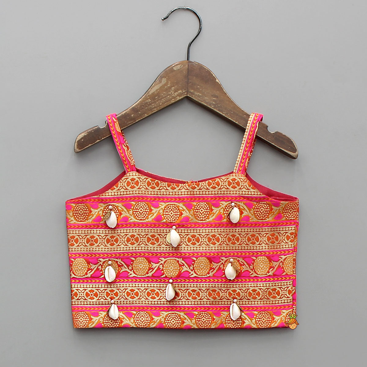 Pre Order: Brocade Strappy Top With Checks Embroidered Lehenga And Net Dupatta