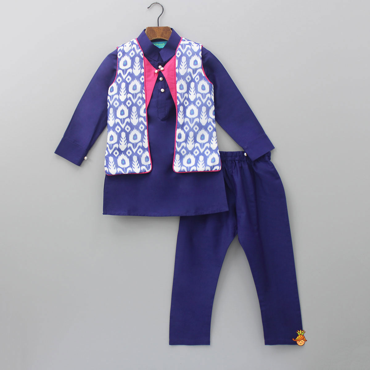 Blue Kurta With Printed Stylish Jacket And Pyjama