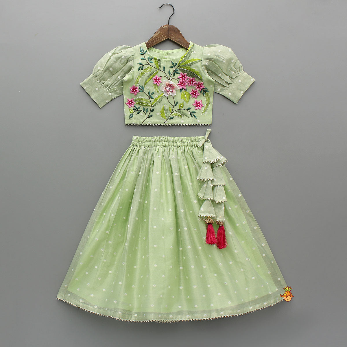 Pre Order: Green Butti Work Embroidered Top With Lehenga