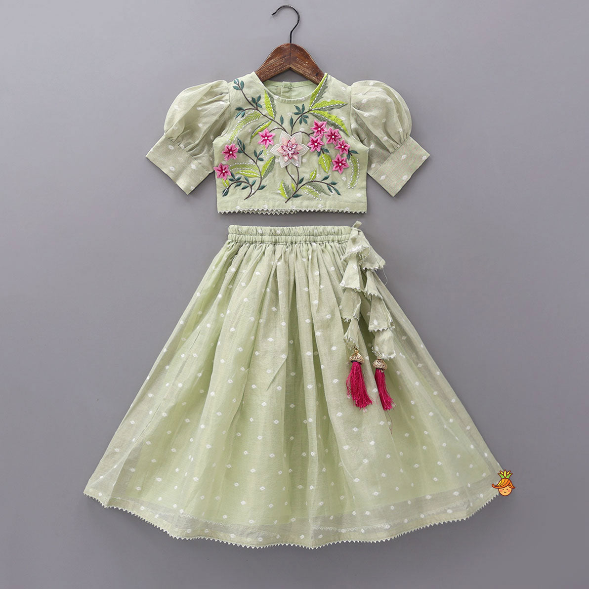 Pre Order: Green Butti Work Embroidered Top With Lehenga