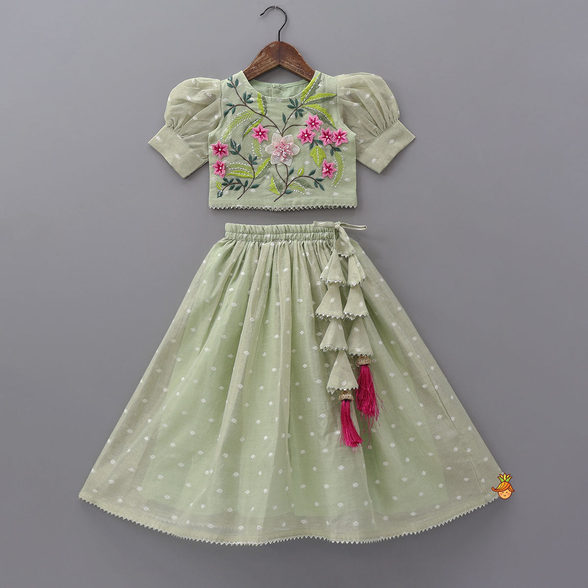 Pre Order: Green Butti Work Embroidered Top With Lehenga