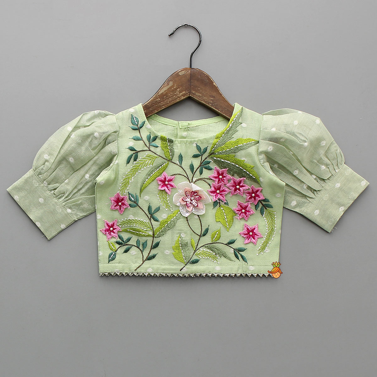 Pre Order: Green Butti Work Embroidered Top With Lehenga