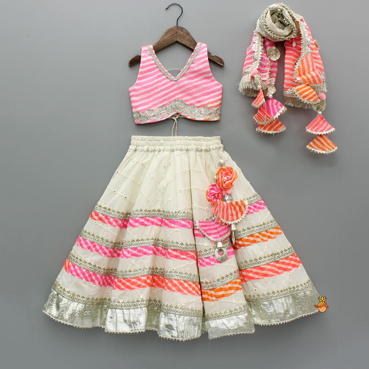 Pre Order: Leheriya Printed Top And Faux Mirror Work Lehenga With Matching Dupatta