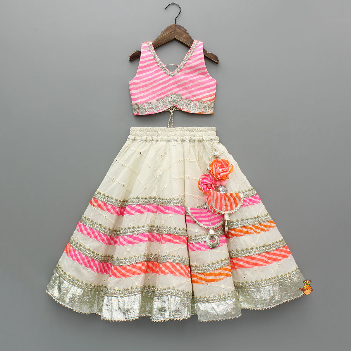 Pre Order: Leheriya Printed Top And Faux Mirror Work Lehenga With Matching Dupatta