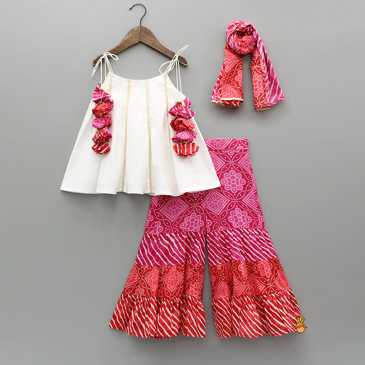 Pre Order: Gota Lace Detail Tie Up Top And Printed Sharara With Matching Dupatta