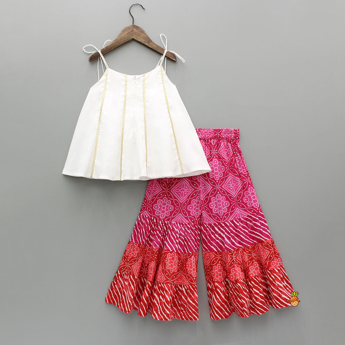 Pre Order: Gota Lace Detail Tie Up Top And Printed Sharara With Matching Dupatta