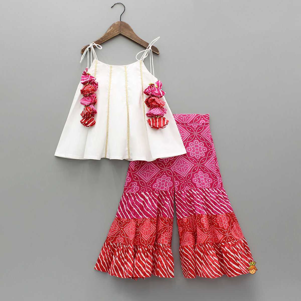 Pre Order: Gota Lace Detail Tie Up Top And Printed Sharara With Matching Dupatta