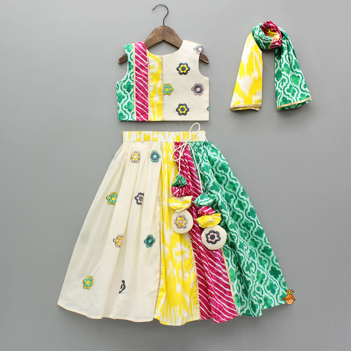 Pre Order: Multicoloured Printed Embroidered Top And Lehenga With Matching Dupatta