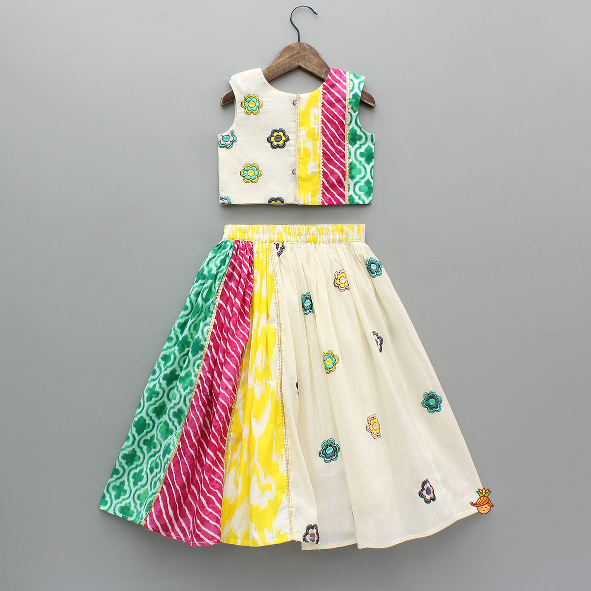 Pre Order: Multicoloured Printed Embroidered Top And Lehenga With Matching Dupatta